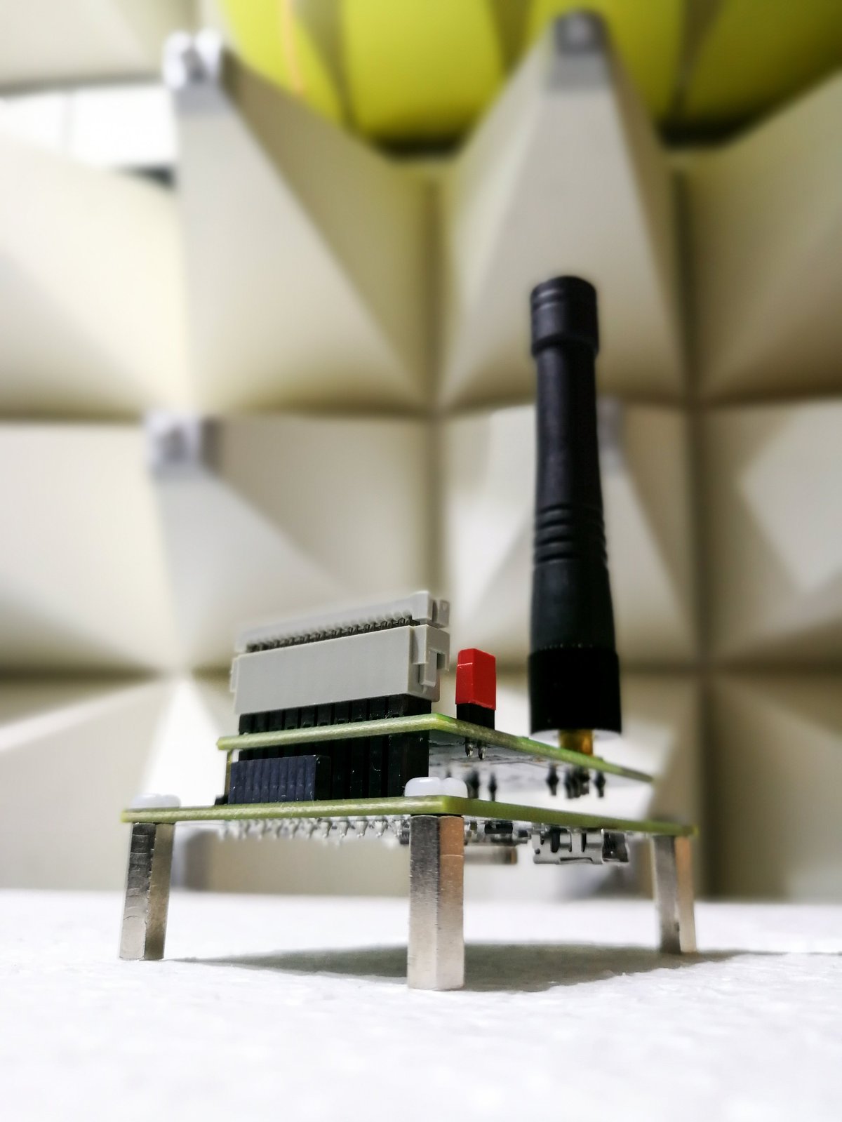 Digital electronics printed circuit board PCB with wireless communication module prepared for measurements in anechoic chamber