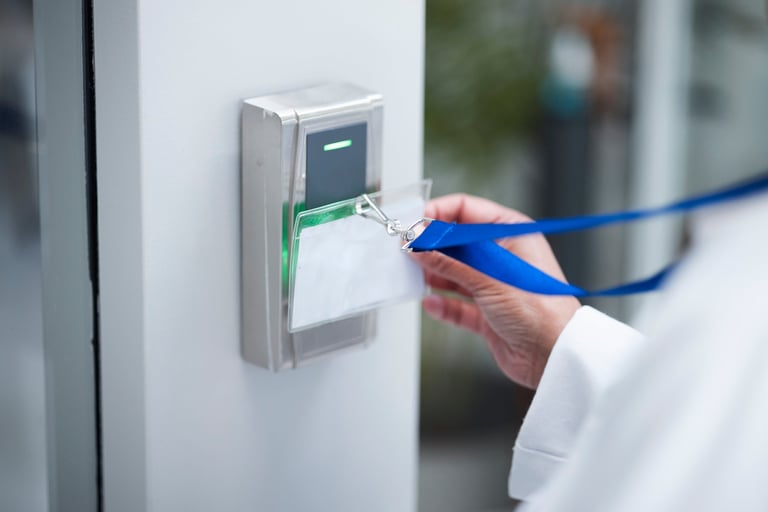 Hand, key card and scan for security door, entrance or access control for safety in business, facility and property. Hands, electronic keys and laser reader or technology to lock or secure laboratory