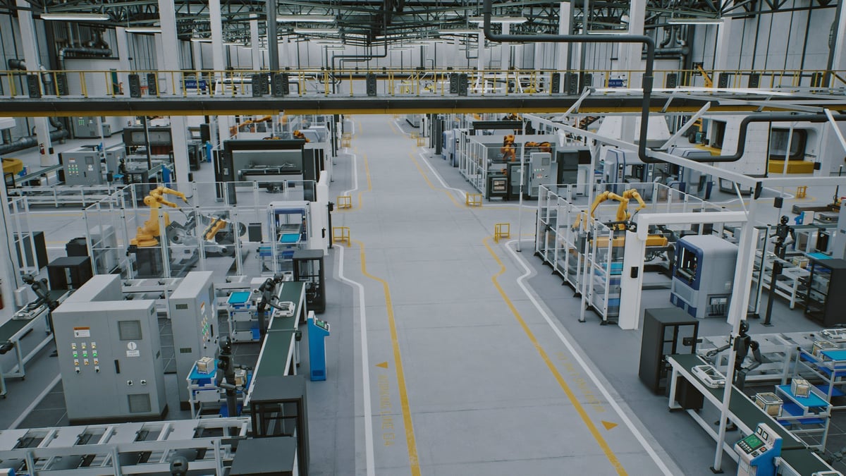 Automated Factory Floor With Robots. Modern Automated Factory Floor Shows Multiple Robotic Arms and Conveyor Belts Working Synchronously.