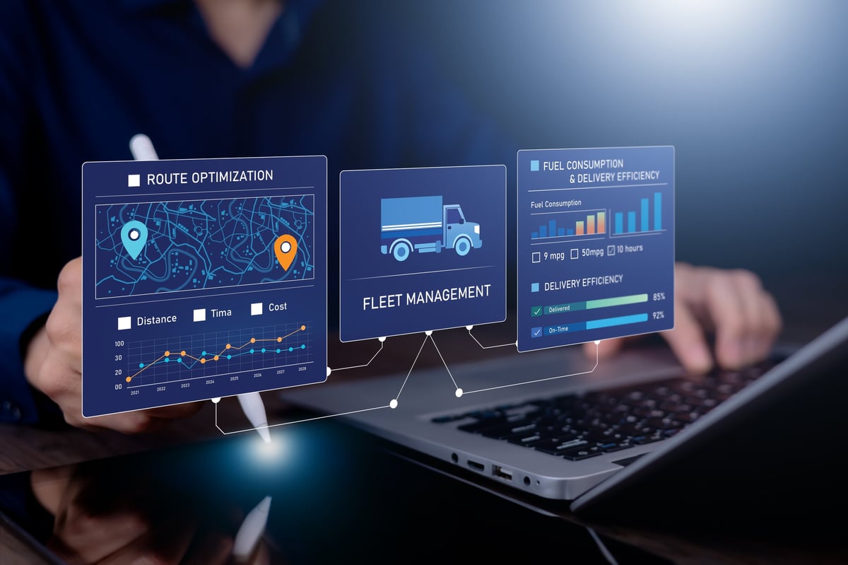 Business professional using a laptop with virtual logistics dashboard showing fleet management, route optimization, and delivery performance analytics