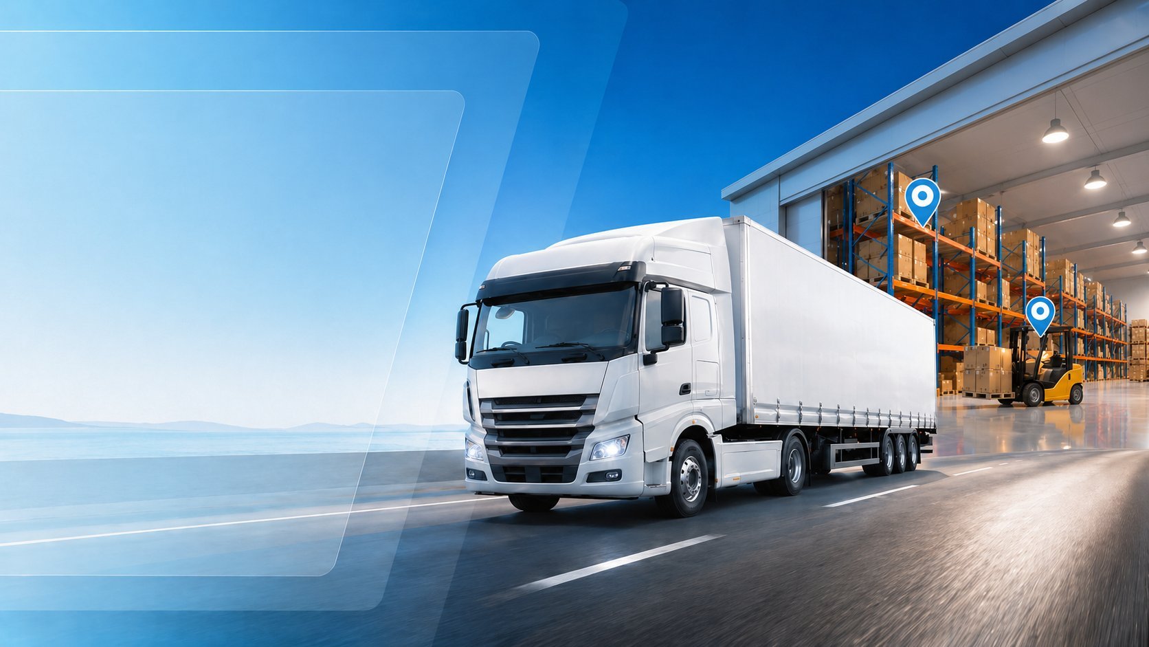 White delivery truck loaded with cardboard boxes at a warehouse dock with blue sky background