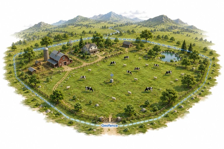 Aerial view of a pastoral farm with cattle grazing on green fields, a wooden barn, fenced pastures, and mountains in the background