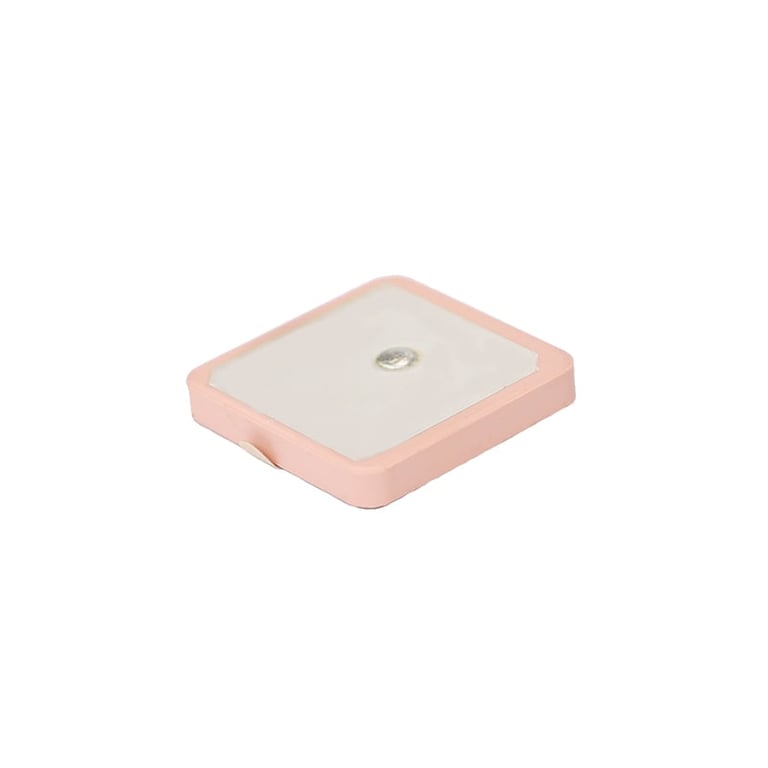 Pink and white square GPS tracking device with rounded corners on white background