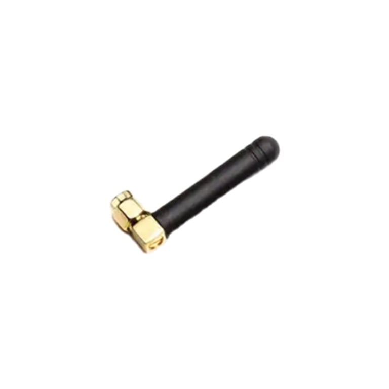 Wireless antenna with black rubber shaft and brass connector on white background