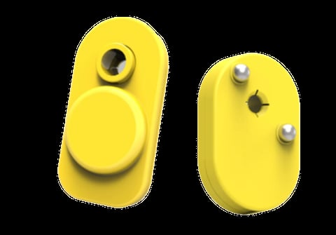 Two yellow wireless doorbells shown front and back views against black background