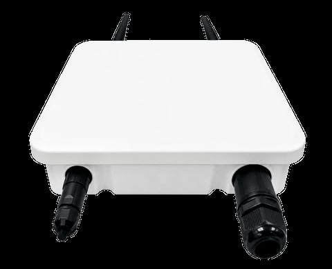 White wireless access point with two black external antennas and cable connectors on front