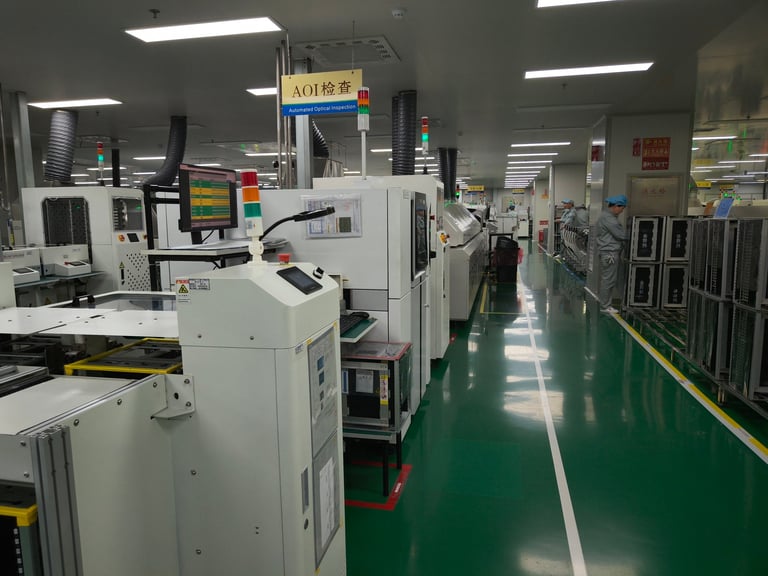 Industrial manufacturing facility with automated machinery and equipment lining a clean green floor under bright fluorescent lighting