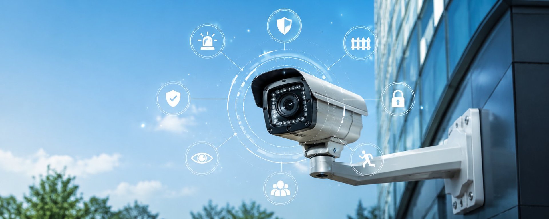 Security camera mounted on building with digital security icons including lock, shield, and surveillance symbols floating around it