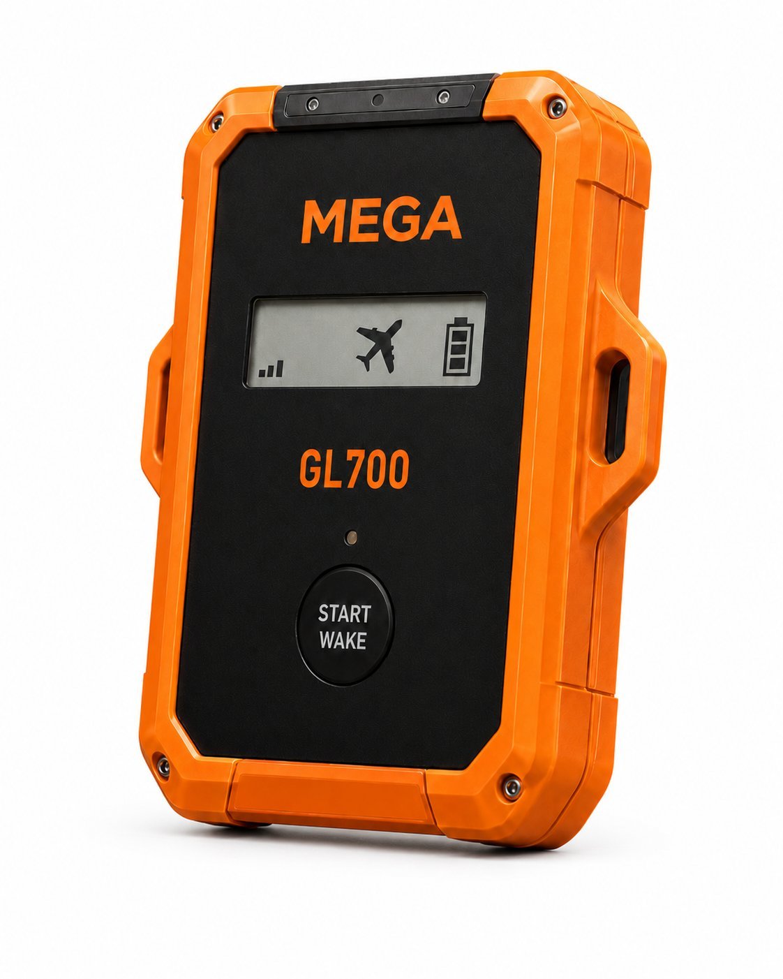 Orange and black MEGA GL700 portable GPS device with display screen and start/wake button