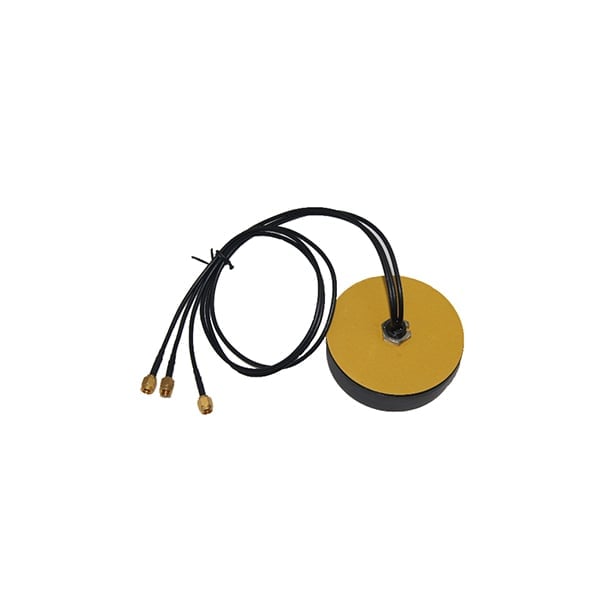 Yellow and black circular antenna with black coiled cable and three connector ends