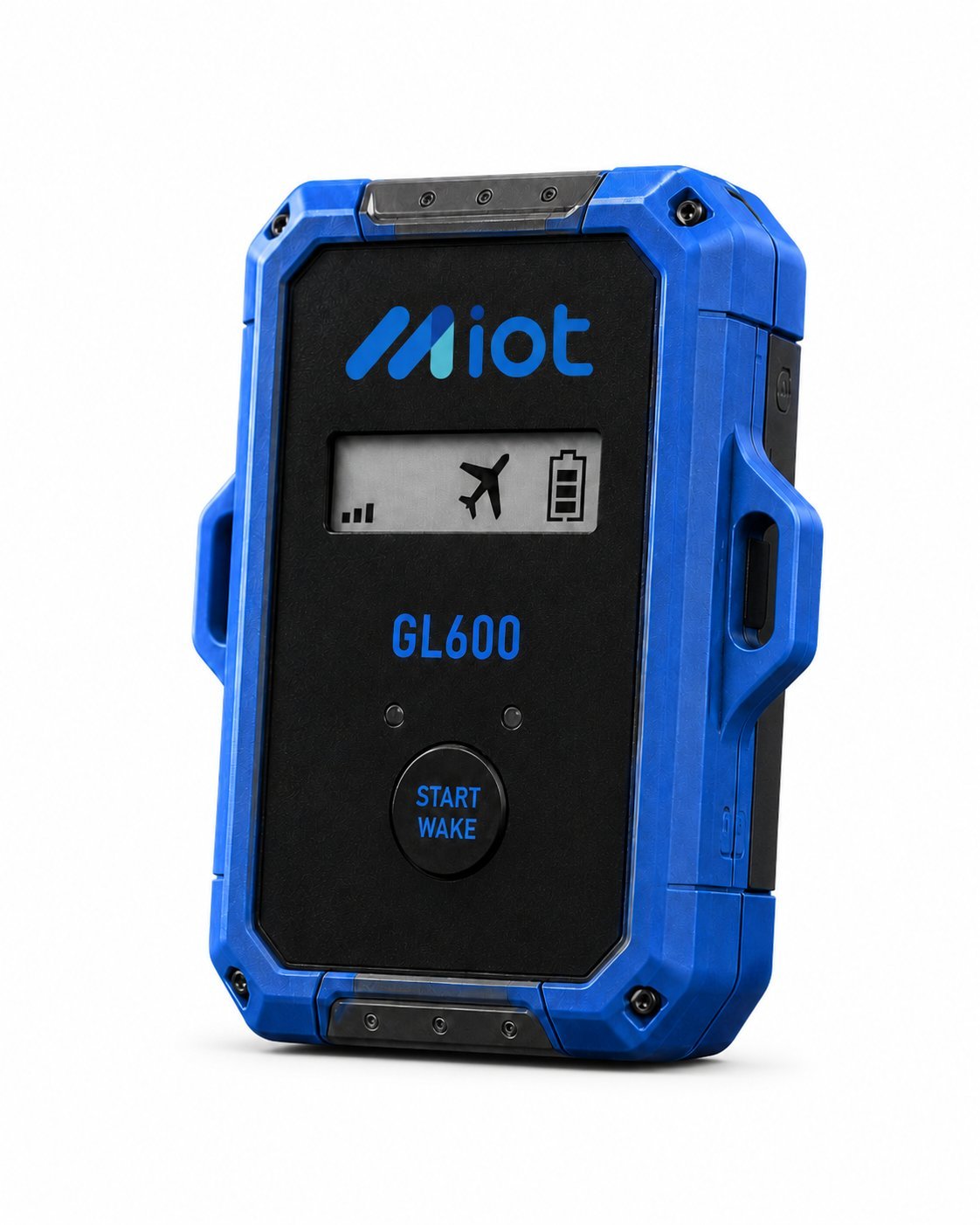 Blue MEGA GL600 GPS device with rugged exterior, small display screen showing signal and battery status, and START WAKE button